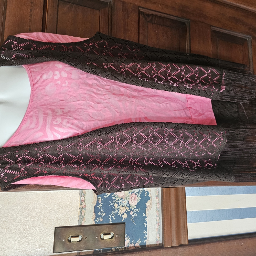 Pink Top with Black Fringe Vest